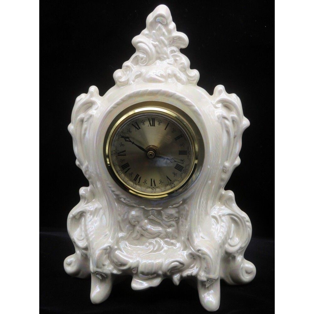 Vintage West Germany Ceramic Mantel Clock Ornate White Lusterware Cherub 11.5"